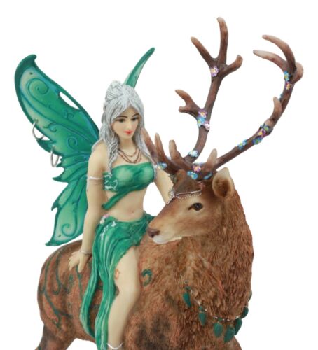 Large Enchanted Silver Haired Fairy Riding On Mythical Stag Elk Statue 9.5"Tall