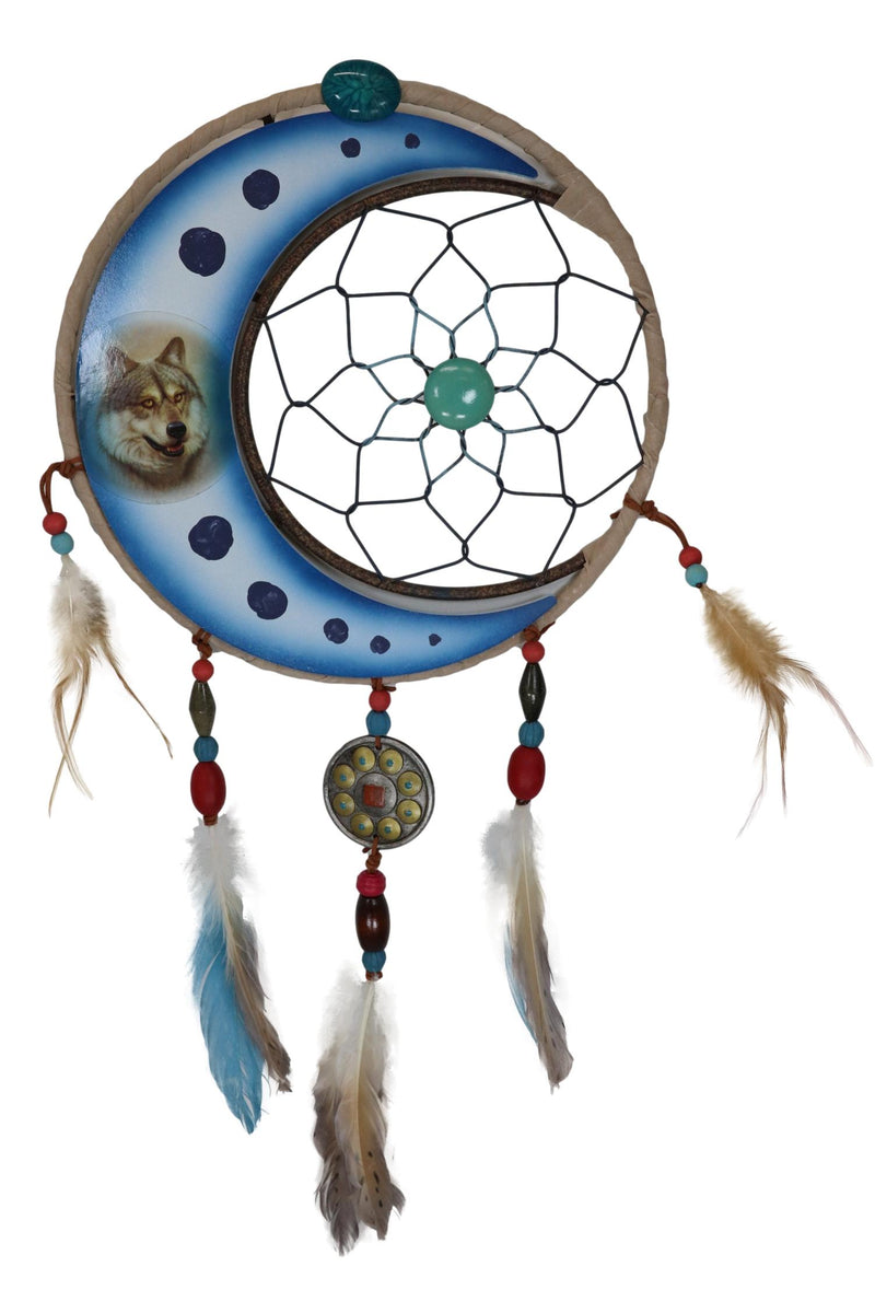 Set Of 2 Southwestern Indian Boho Chic Moon Gray Wolf Feather Wall Dreamcatchers