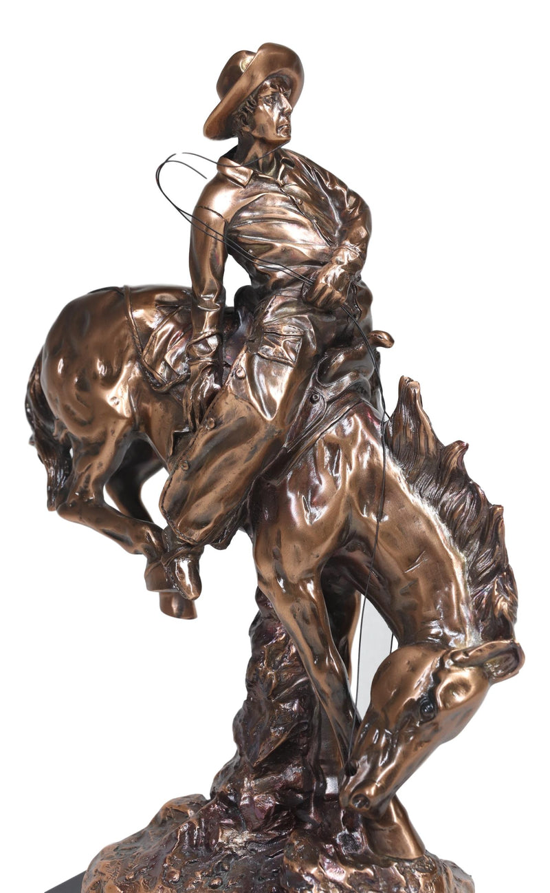 Large Rustic Western Rodeo Cowboy With Bucking Horse Statue With Black Base