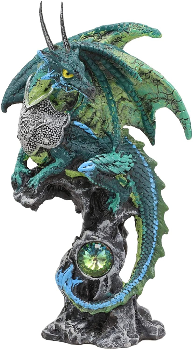 Ebros Armored Green Pagoda Dragon Perching On Gemstone Rock Pillar Statue 6.75"H