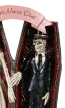 Love Never Dies Skeleton Wedding Couple Holding Hands Inside Coffins Figurine