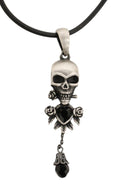 Evil Skull With Roses And Black Gemstones Pewter Necklace Pendant Rubber Cord