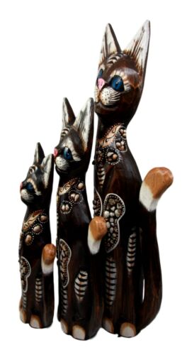 Balinese Wood Handicraft Blue Eyed Feline Cat Family Set of 3 Figurines 20"H