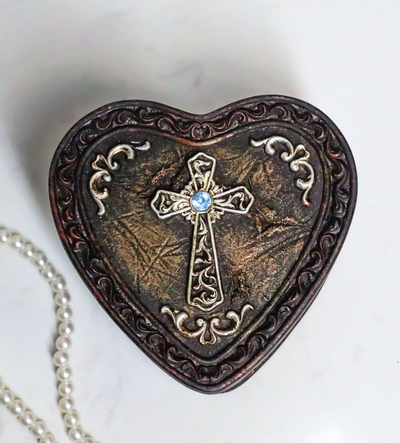 Rustic Western Trust In The Lord Scroll Cross Heart Shaped Jewelry Trinket Box