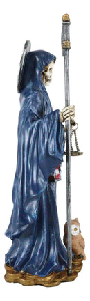 Standing Blue Santa Muerte With Scythe Scales of Justice And Wise Owl Figurine