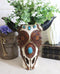 Set Of 2 Southwest Cow Skulls With Turquoise Rocks Tooled Leather Vase Figurines