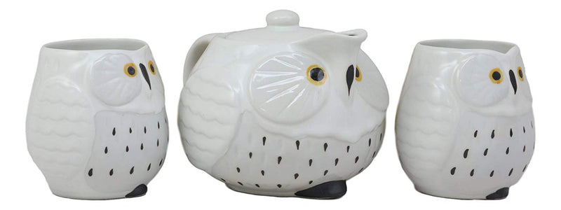 Ebros Whimsical White Fat Snow Owl Ceramic 16oz Tea Pot With 2 Cups Set Owls Decor