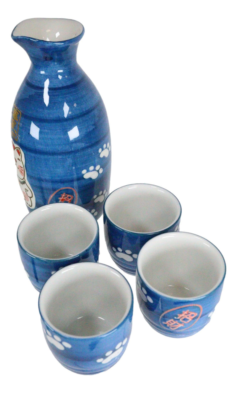 Ebros Gift Japanese Maneki Neko Lucky Charm Cat Glazed Ceramic Blue Sake Set Flask With Four Cups Great Asian Living Home Decor and Gift For Housewarming Special Friendship Eastern Decorative Party Set