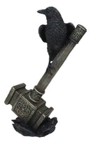 Odin Raven Perching On Thor Hammer Mjolnir With Viking Runes Skaldenmet Figurine