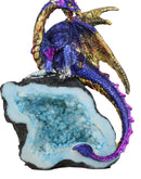 Azure Blue Iridescent Dragon On Faux Geode Rock Quartz Crystal Cove Figurine 5"H