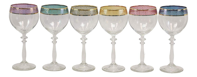 Italian Colorful Victorian Floral Rim Wine Glasses Set Of 6 With Gold  Accents 