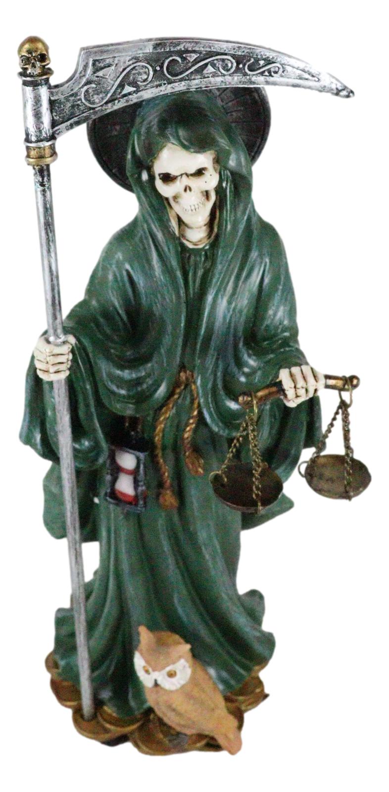 Standing Green Santa Muerte With Scythe Scales of Justice And Wise Owl Figurine