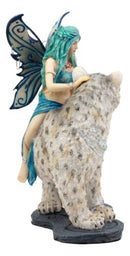 Large Blue Frost Fairy Riding Snow Leopard Statue Home Decor Mythical Fantasy