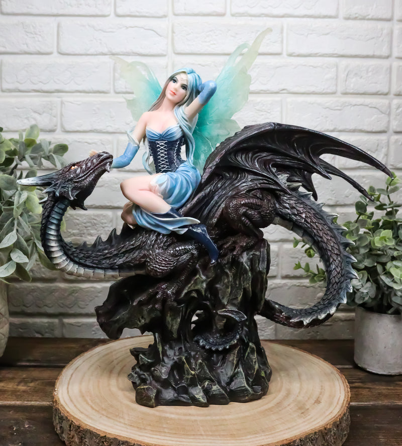 Large Ice Elemental Fairy With Night Fury Dragon Statue 14"L Fantasy Witch Fairy