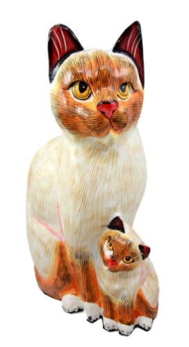 Balinese Wood Handicrafts Adorable Orange Feline Cat & Kitten Family Figurine