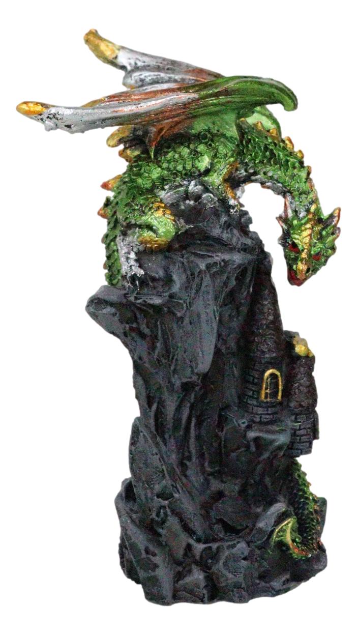 Metallic Golden Green Dragon Guarding Castle Tower On Mountain Cliff Figurine