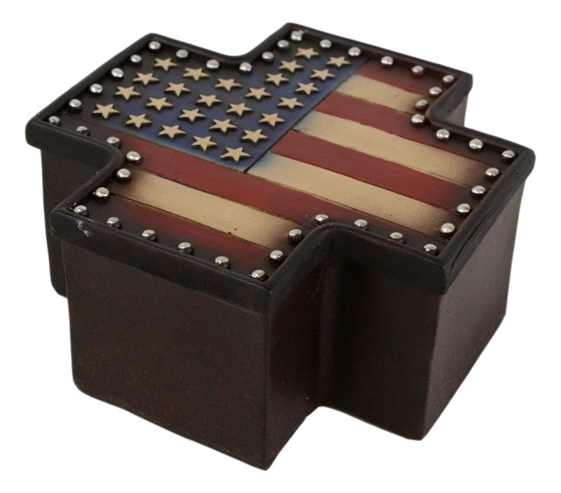 Western Country Patriotic US American Flag Memorial Cross Decorative Jewelry Box