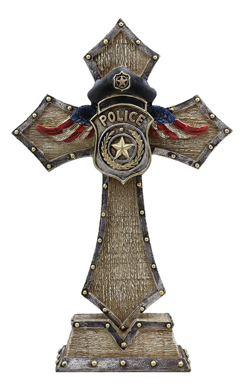 Rustic Patriotic USA Flag Police Law Enforcement Badge Standing Cross Statue