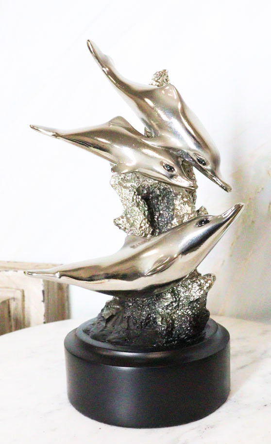 Nautical Marine Sea Dolphins By Coral Reef Silver Electroplated Resin Figurine