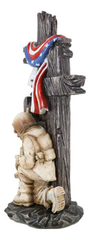 Kneeling Soldier In Prayer By 3 Rugged Crosses American Flag Memorial Figurine