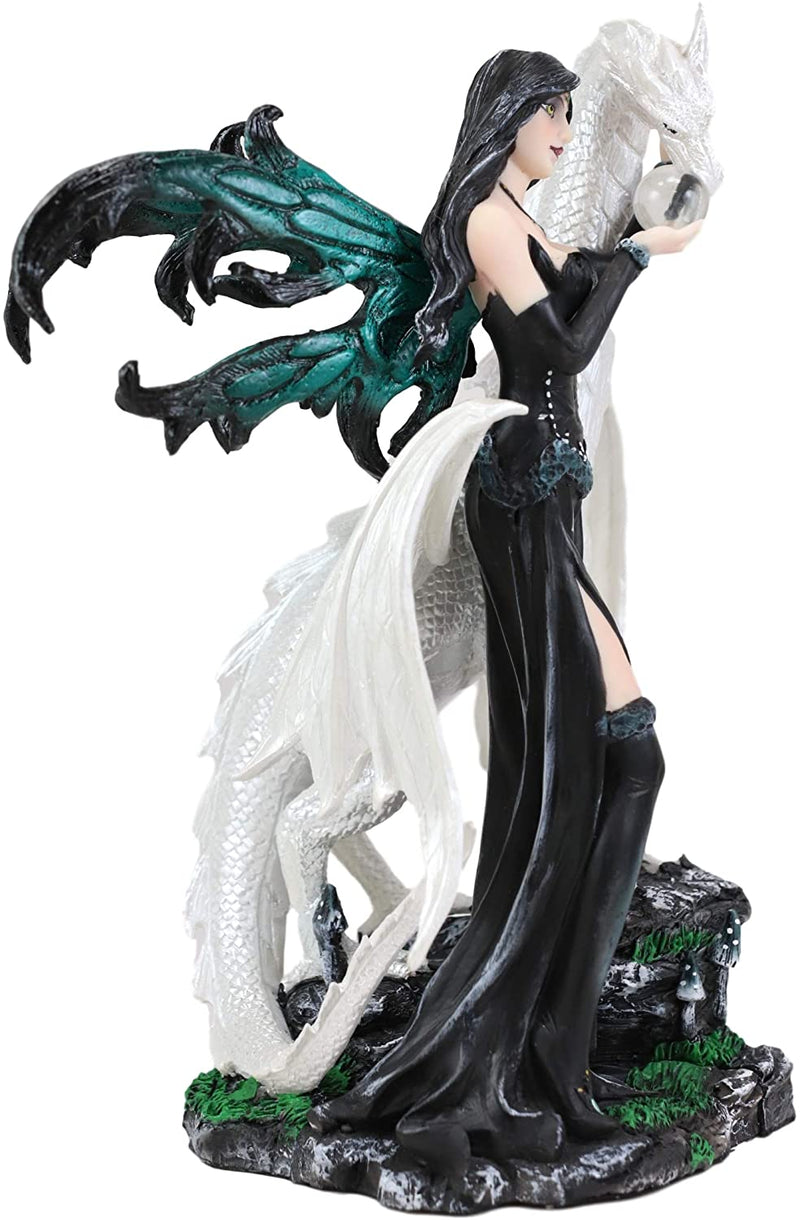 Gothic Pearl Visionary Fairy Strolling With Solar Viserion Dragon Pet Figurine