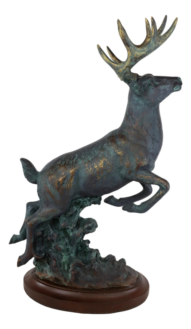 Wildlife 8 Point Stag Buck Deer Statue With Faux Wood Base In Antiqued Bronze