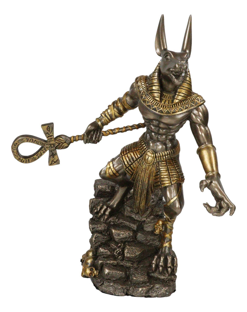 Egyptian Jackal God Anubis With Ankh Spear On Skull Graveyard Bronzed Figurine