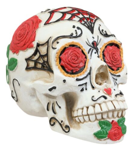 White Sunflower Floral Day of the Dead Sugar Skull With Eyes Of Red Roses Statue