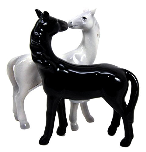 Romantic Black & White Horses Ceramic Magnetic Salt Pepper Shakers Set Figurine