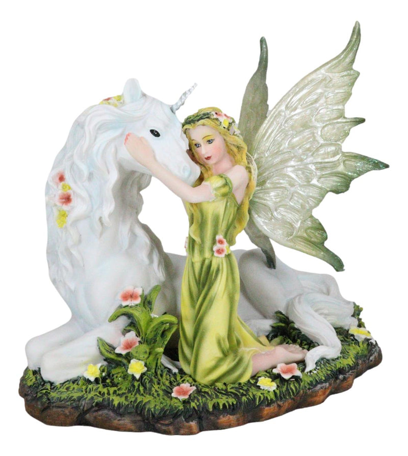 Ebros Gift Green Earth Gaia Fairy with Rare Floral White Unicorn Statue Decor Figurine 7" Long Unicorns Glade Enchanted Magical Encounter Collectible