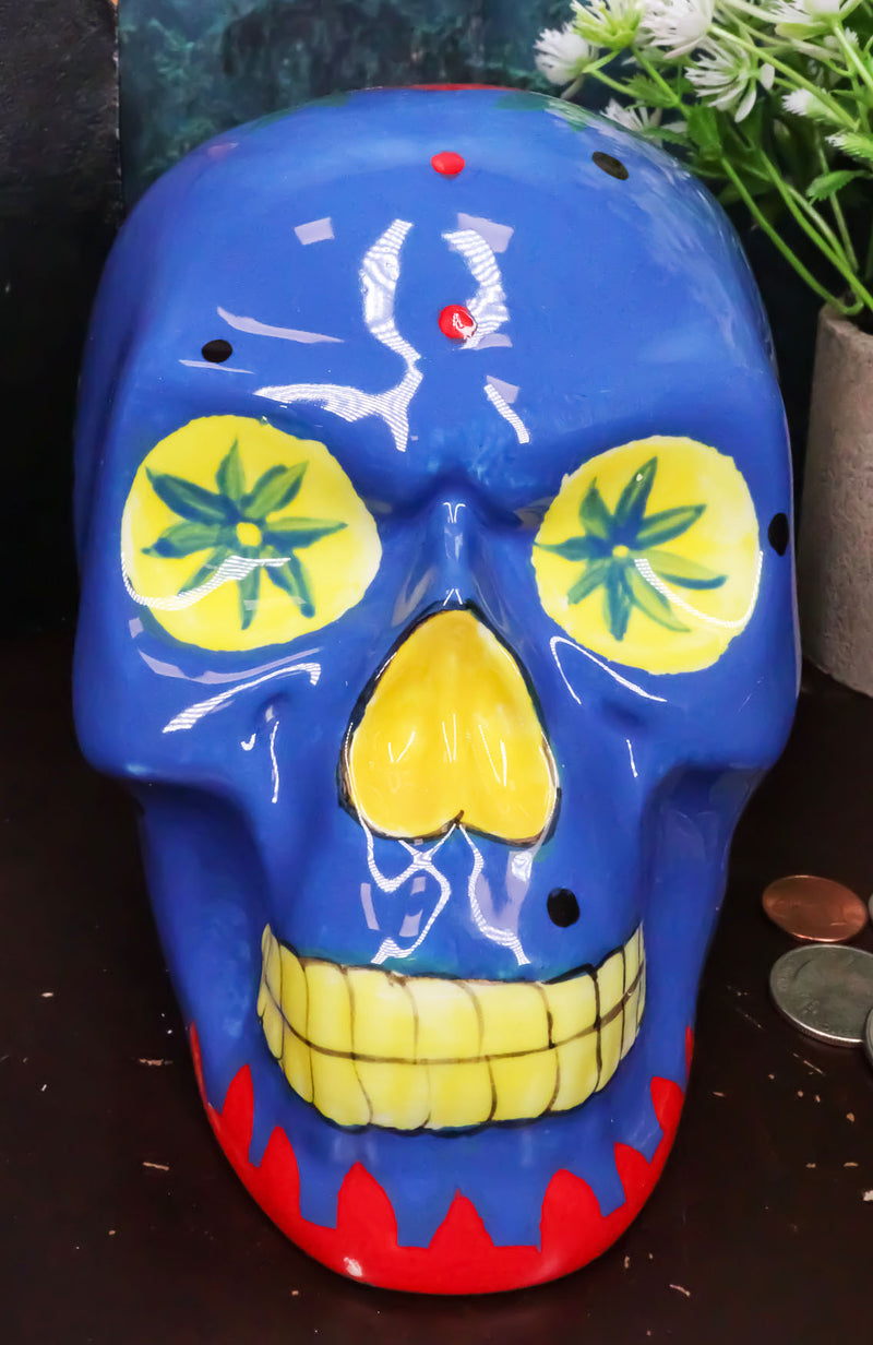 Blue Day Of The Dead Skull Ceramic Figurine Skeleton 7"L Fantasy Home Decor