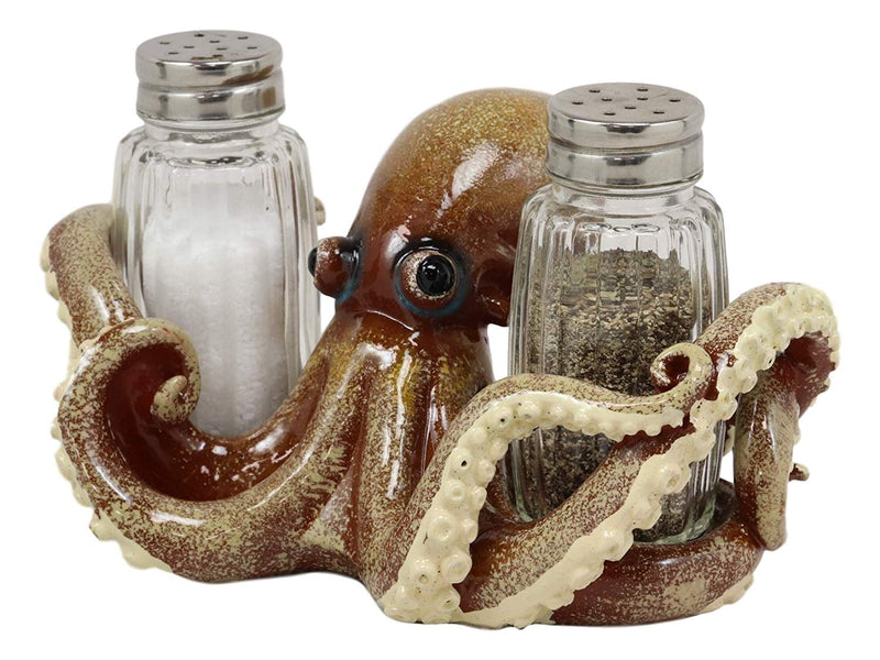 Ebros Gift Nautical Coastal Marine Octopus Wrapping Tentacles Around Glass Salt And Pepper Shakers Holder Figurine Set 6.25" Wide Kitchen Dining Table Decor