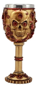 Golden Steampunk Mechanical Gearwork Skull Face Wine Goblet Drink Chalice Cup