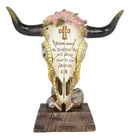 Western Christian Bible Verse Cross Pink Roses Cow Skull Figurine With Base