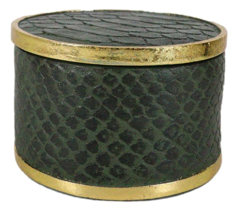 Faux Crocodile Pattern Green Print With Gold Trim Round Decorative Jewelry Box