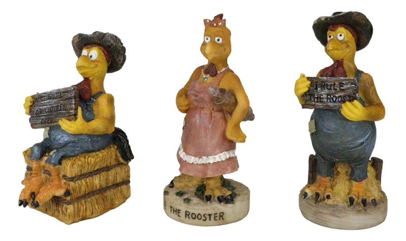 Set of 3 Western Farm Roosters and Hen Chicken Holding Funny Signs Figurines