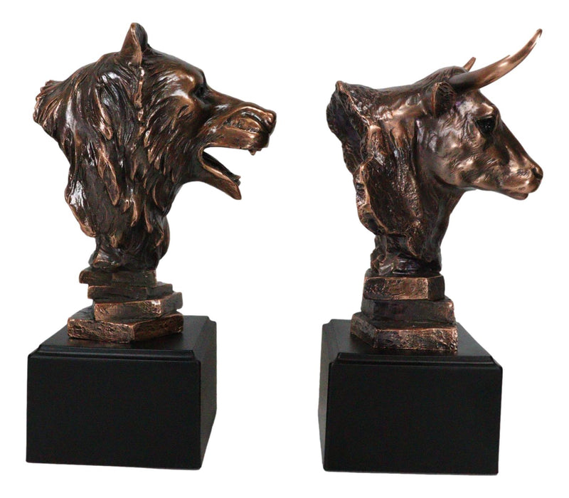 Stock Market Roaring Bear And Bull Bust Bronze Electroplated Resin Figurines Set