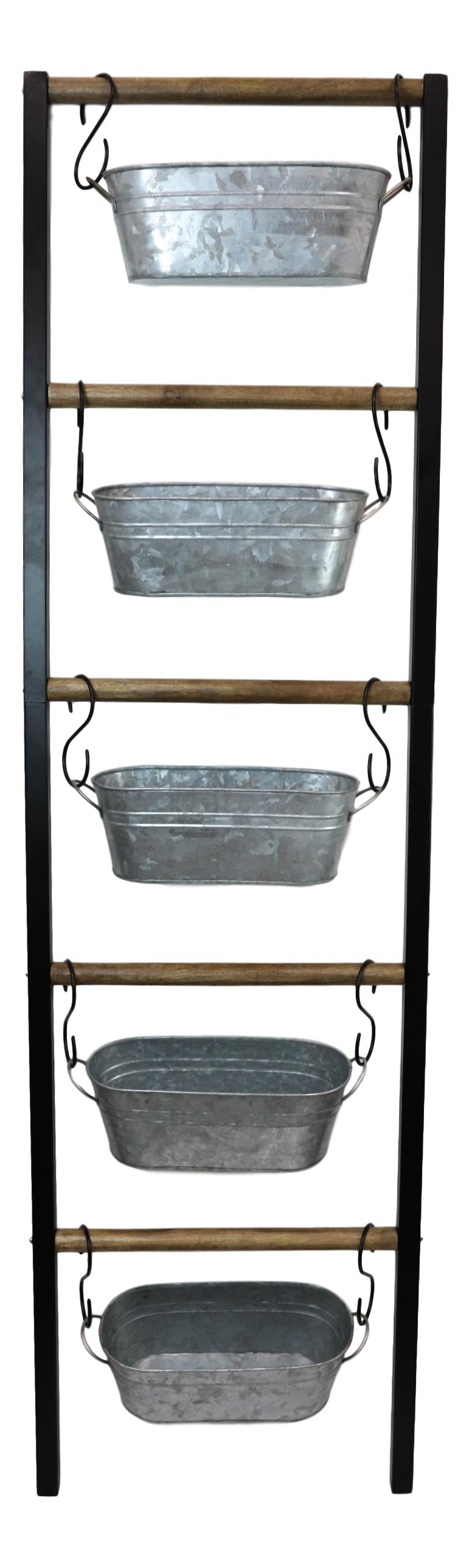 75"H Rustic Galvanized Metal Wood Farmhouse Planter 5 Bucket Tiered Ladder Decor