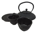 Ebros Japanese Forest Black Heavy Cast Iron Tea Pot Set With Trivet and Cups Set