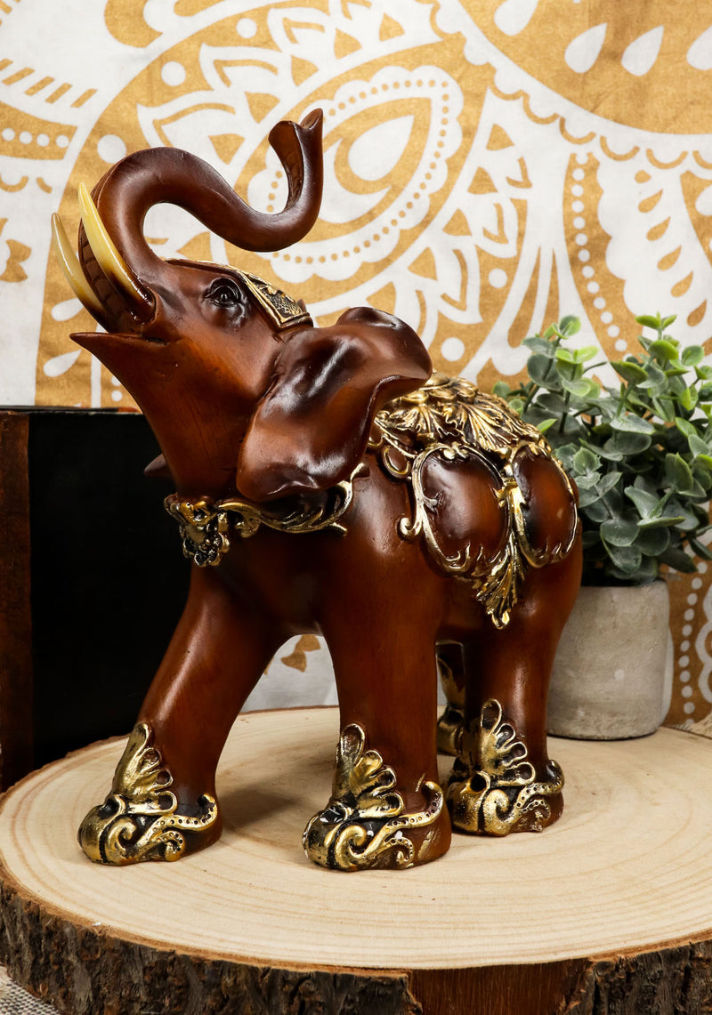 Feng Shui Wood Finished Resin Majestic Asian Elephant With Trunk Up Figurine