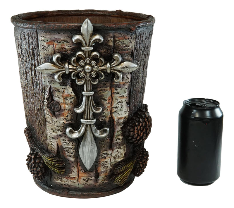 Rustic Southwestern Le Fleur Cross W/ Birch And Pinecones Waste Basket Trash Bin