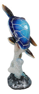 Nautical Ocean Blue Giant Sea Turtle Swimming By White Corals Figurine 8.75"H