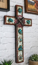 Rustic Western Crackled Turquoise Stones On White Rocks Barbed Wires Wall Cross