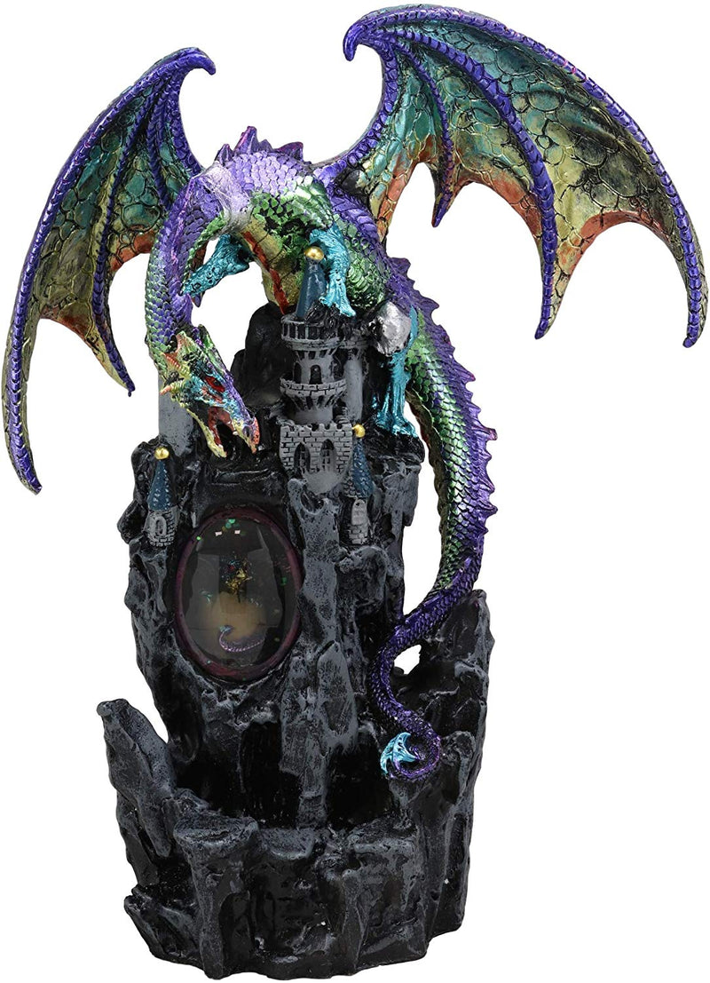 Large Rainbow Dragon On Castle Statue With Wyrmling In Egg LED Light Glass Ball