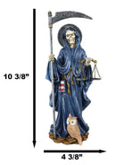 Standing Blue Santa Muerte With Scythe Scales of Justice And Wise Owl Figurine