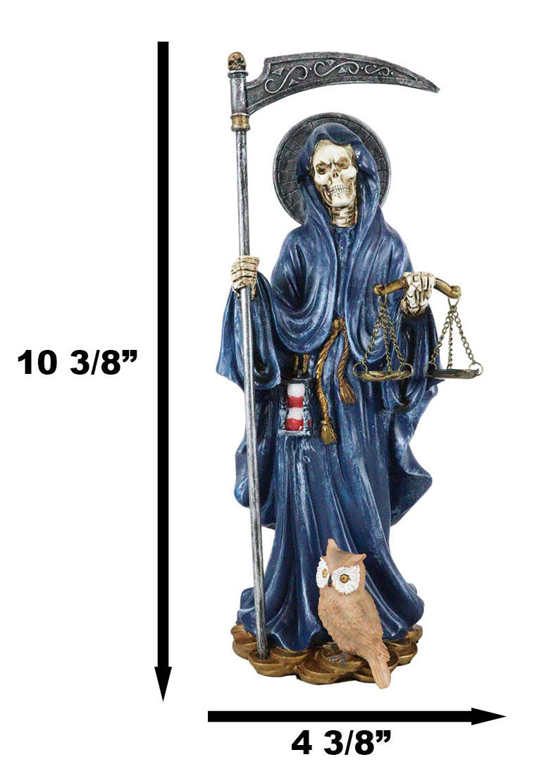 Standing Blue Santa Muerte With Scythe Scales of Justice And Wise Owl Figurine