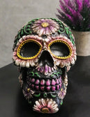 Black Day of The Dead Purple Fuchsia Floral Blooms Sugar Skull Figurine 7.5"L