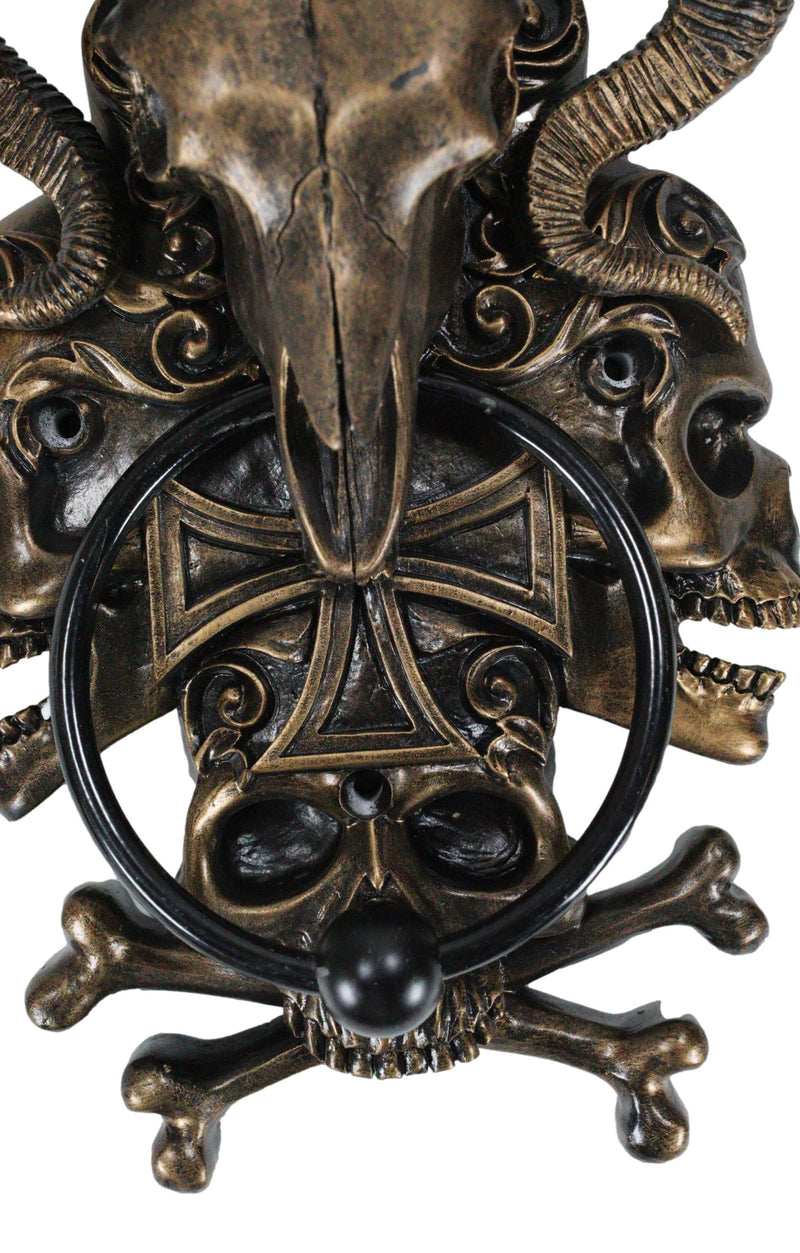 Demon Horned Ram Cranium Skull With Crossed Bone Skulls Decorative Door Knocker