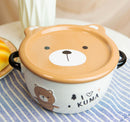 Pack Of 2 Brown And White Kuma Bear Porcelain Kids Food Bowls 25Oz W/ Lid Plate