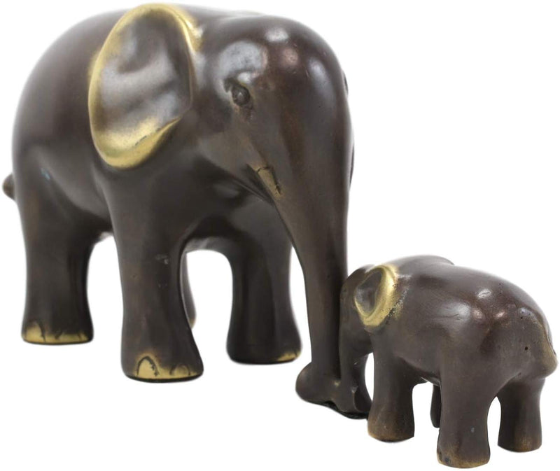 Ebros Brass Metal Safari Elephant Mother and Calf Bonding Scene Statue 9.25"L